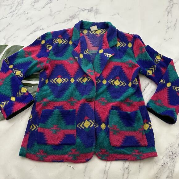 David Wayne Womens Vintage 90s Southwest Print Fleece Blazer Jacket Size XL - Picture 1 of 11